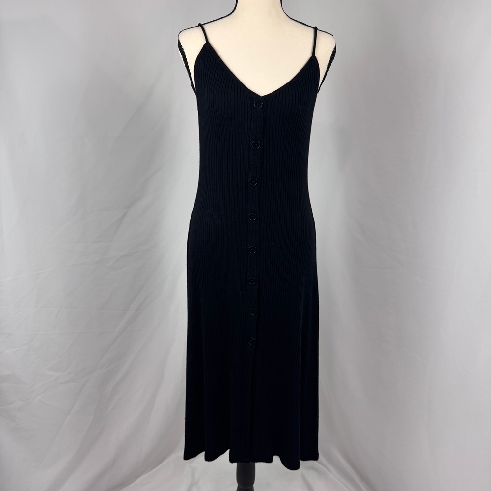 Reformation Midi Dress Women XL Black Ribbed Button Front Spaghetti Strap